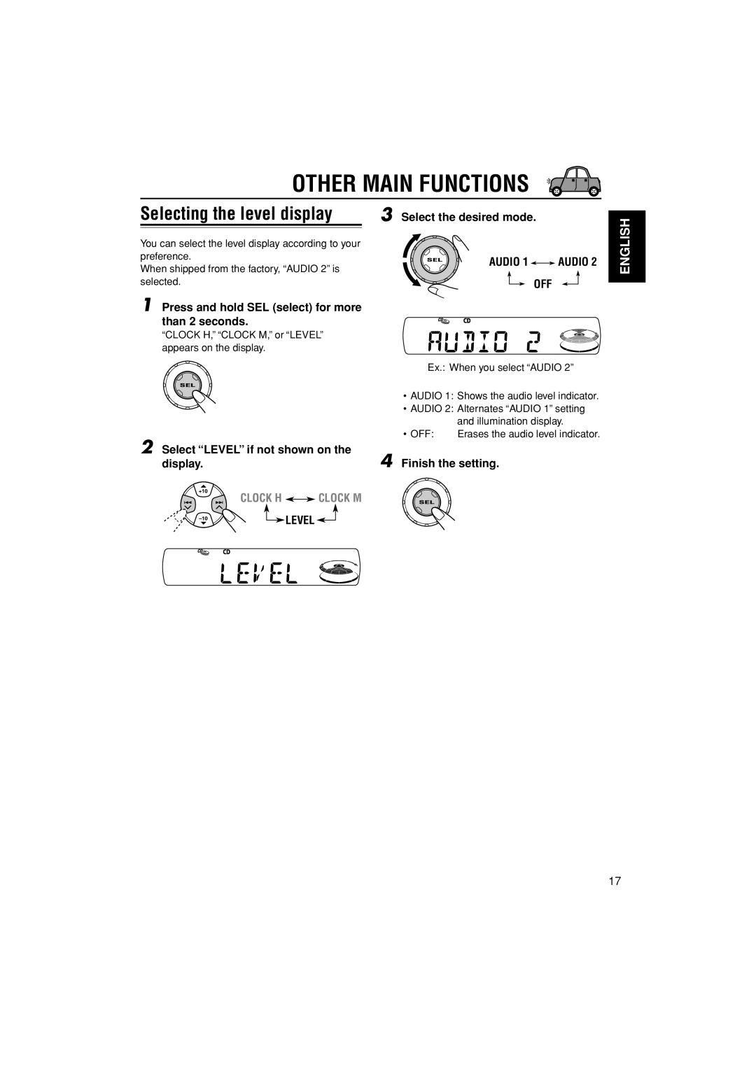 JVC KD-S20 manual Other Main Functions, Selecting the level display, Select the desired mode, Select Level if not shown on 