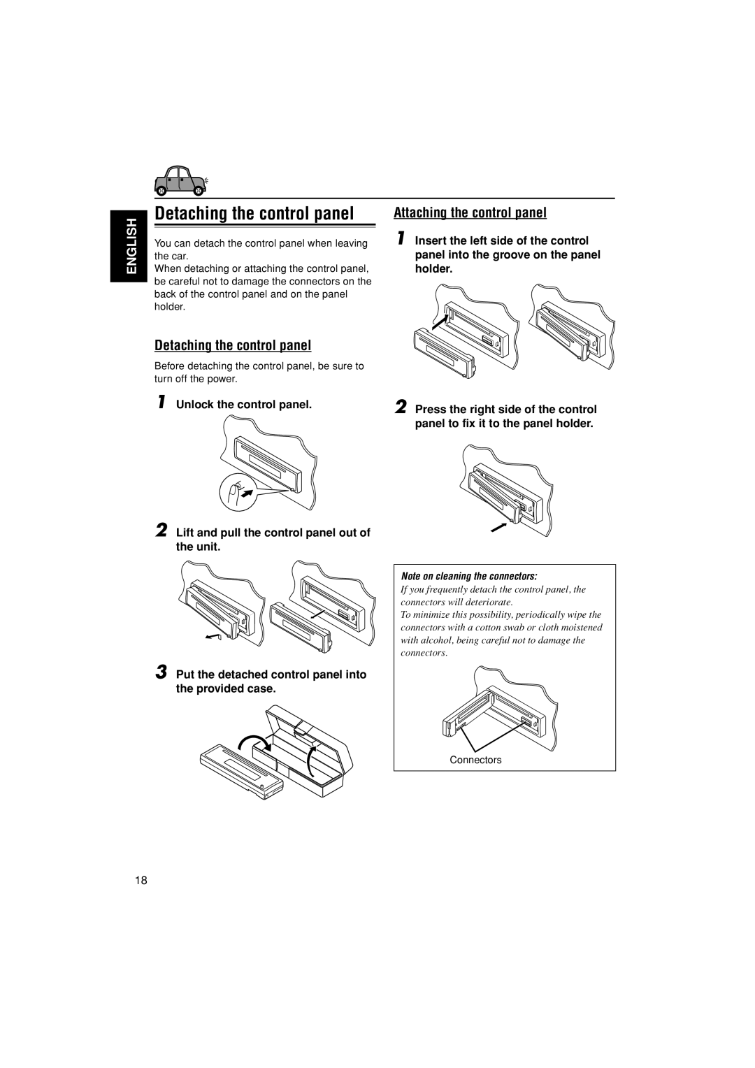 JVC KD-S20 manual Detaching the control panel, Attaching the control panel 