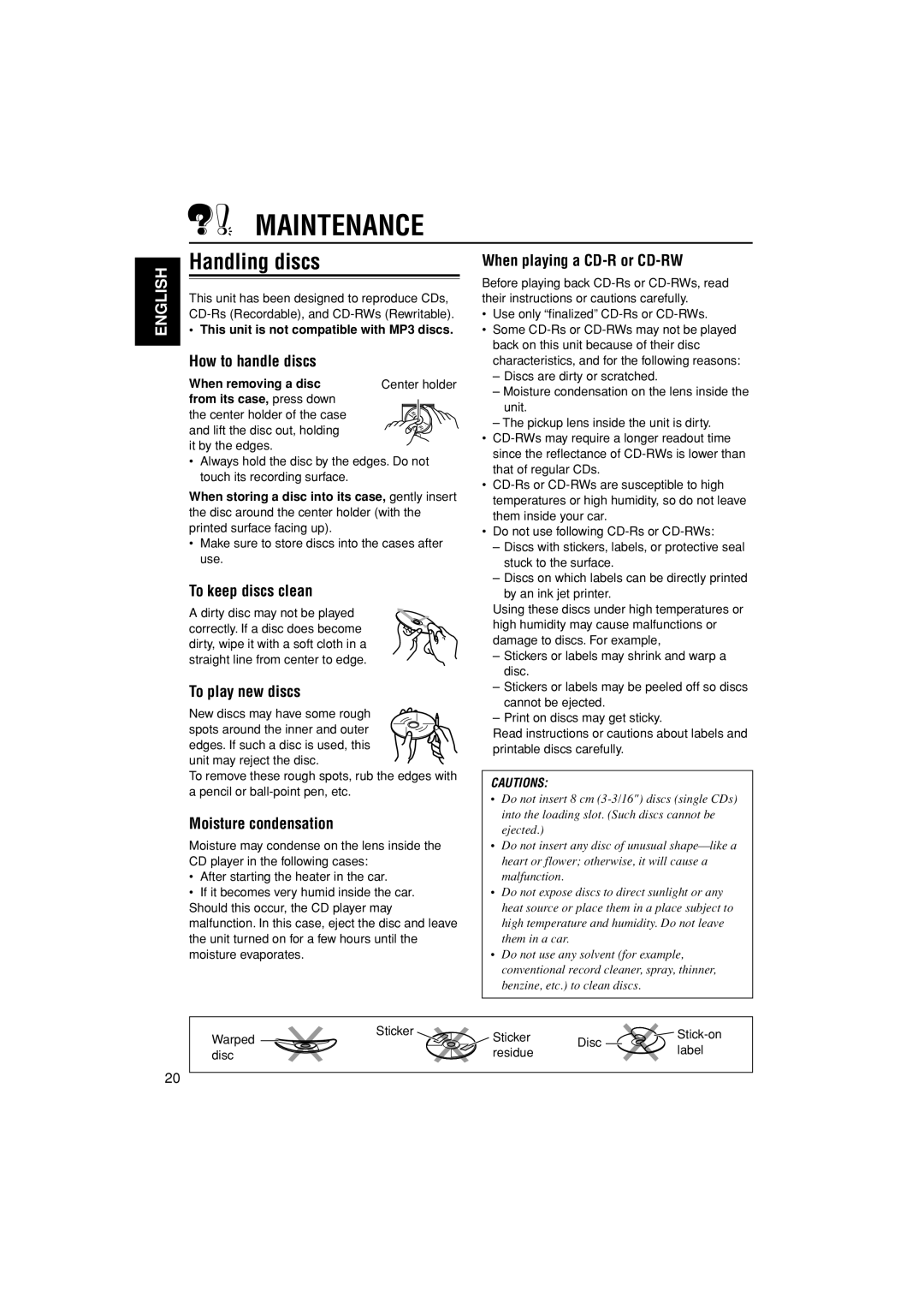 JVC KD-S20 manual Maintenance, Handling discs 