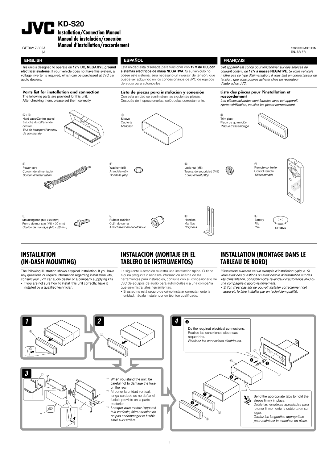 JVC KD-S20 manual CR2025 