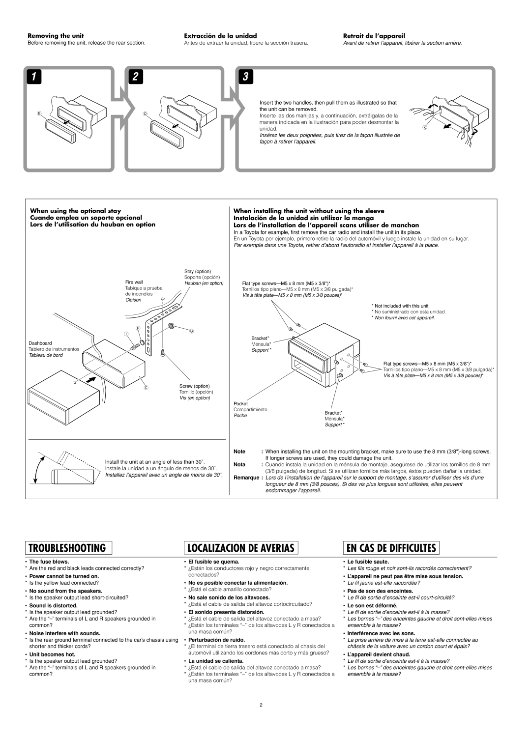 JVC KD-S20 manual Nota, Fuse blows, Sound is distorted, Noise interfere with sounds, Unit becomes hot, El fusible se quema 