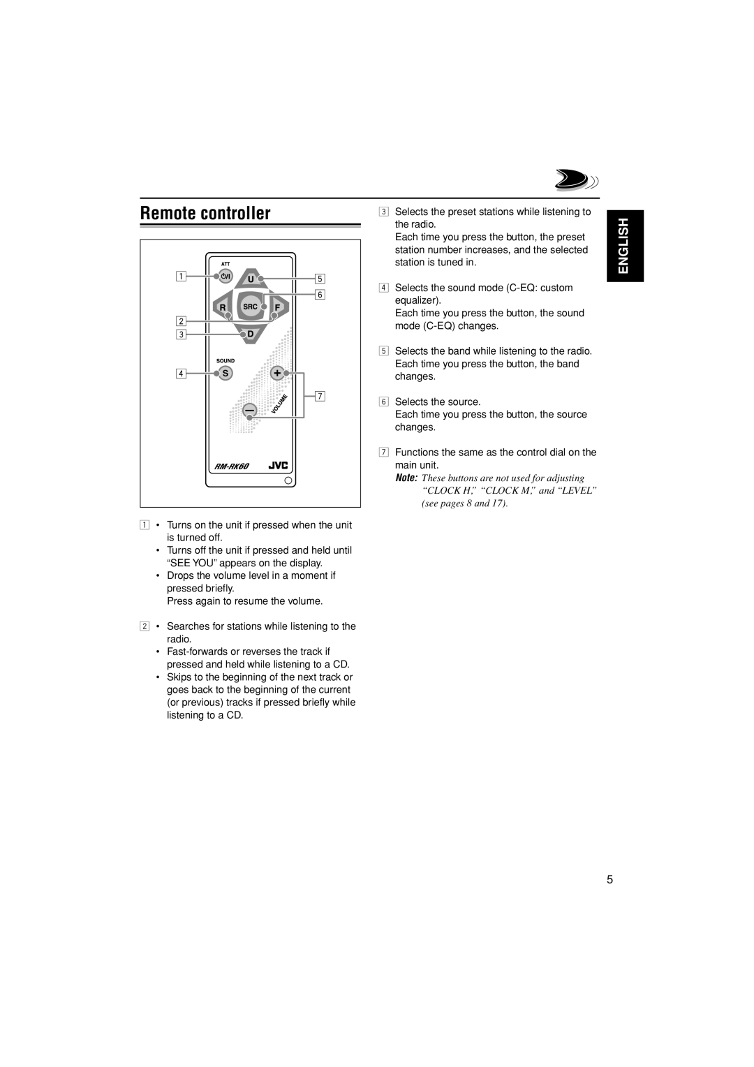 JVC KD-S20 manual Remote controller 