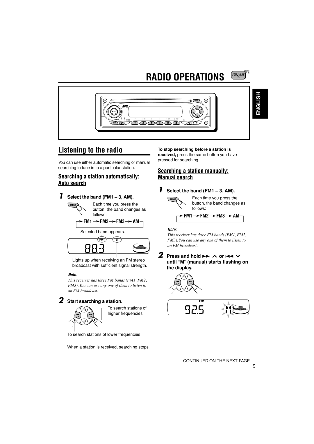 JVC KD-S20 manual Radio Operations, Listening to the radio, Searching a station automatically Auto search 