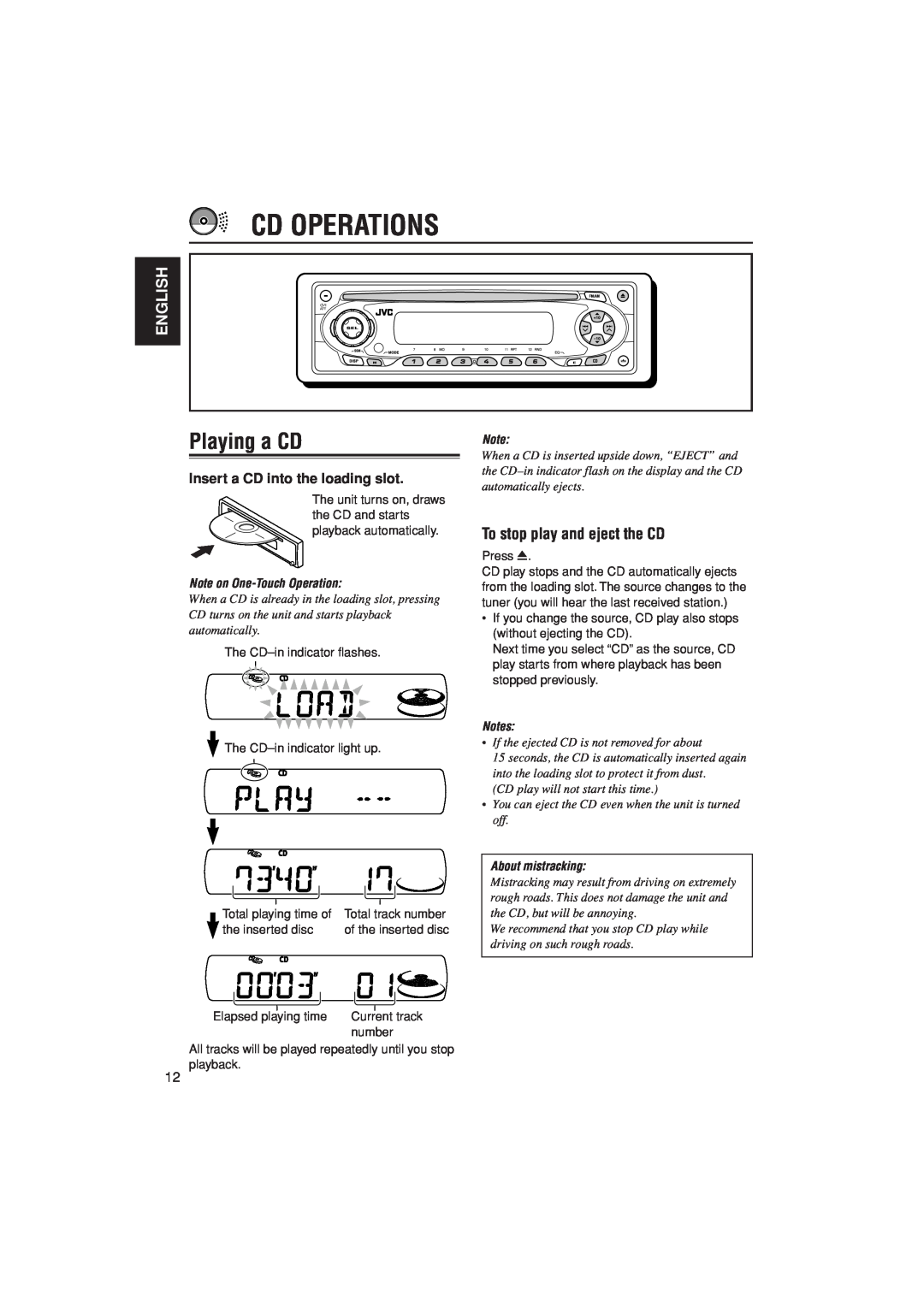 JVC KD-S20 manual Cd Operations, Playing a CD, To stop play and eject the CD, English, Insert a CD into the loading slot 