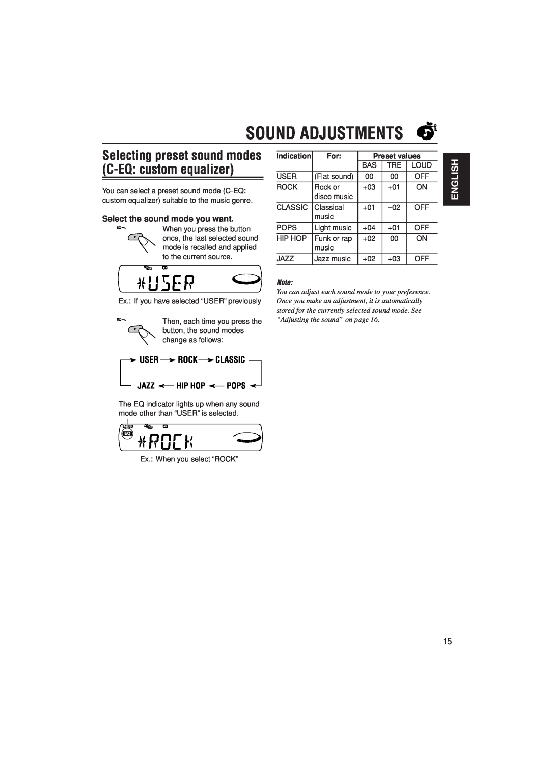 JVC KD-S20 Sound Adjustments, English, Select the sound mode you want, User Rock Classic Jazz Hip Hop Pops, Preset values 