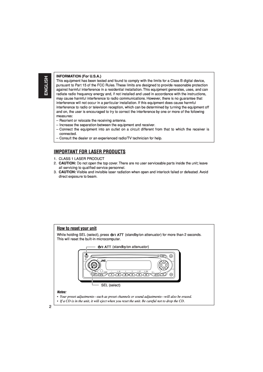 JVC KD-S20 manual Important For Laser Products, English, How to reset your unit, INFORMATION For U.S.A 