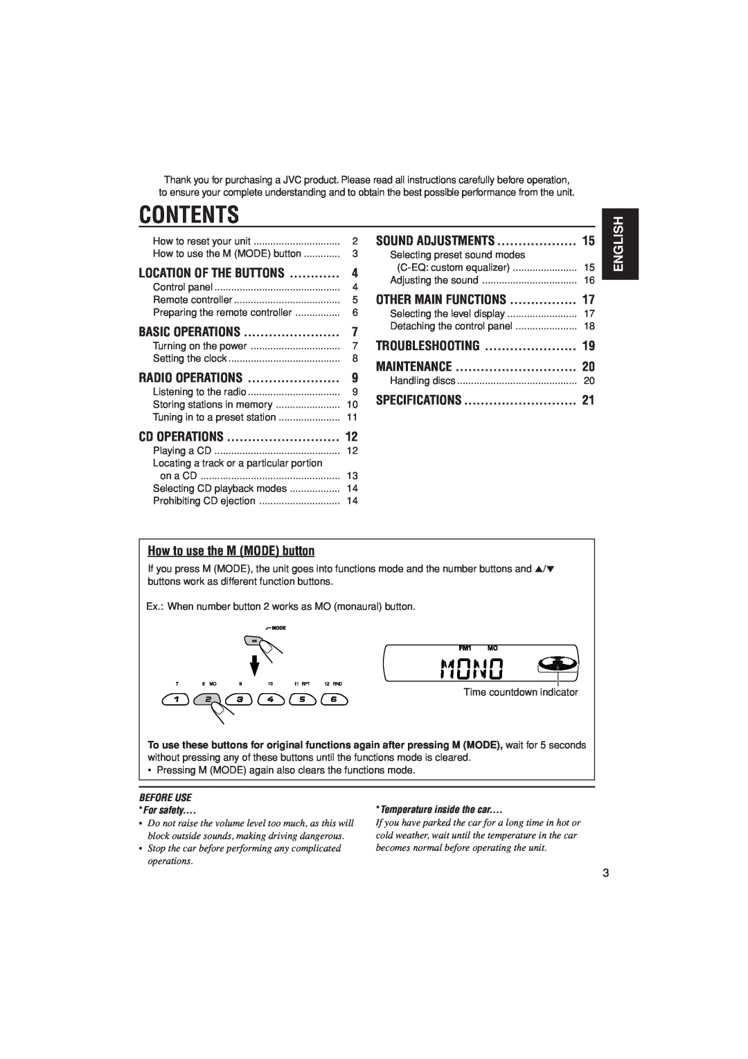 JVC KD-S20 manual Contents, Maintenance, How to use the M MODE button, English 
