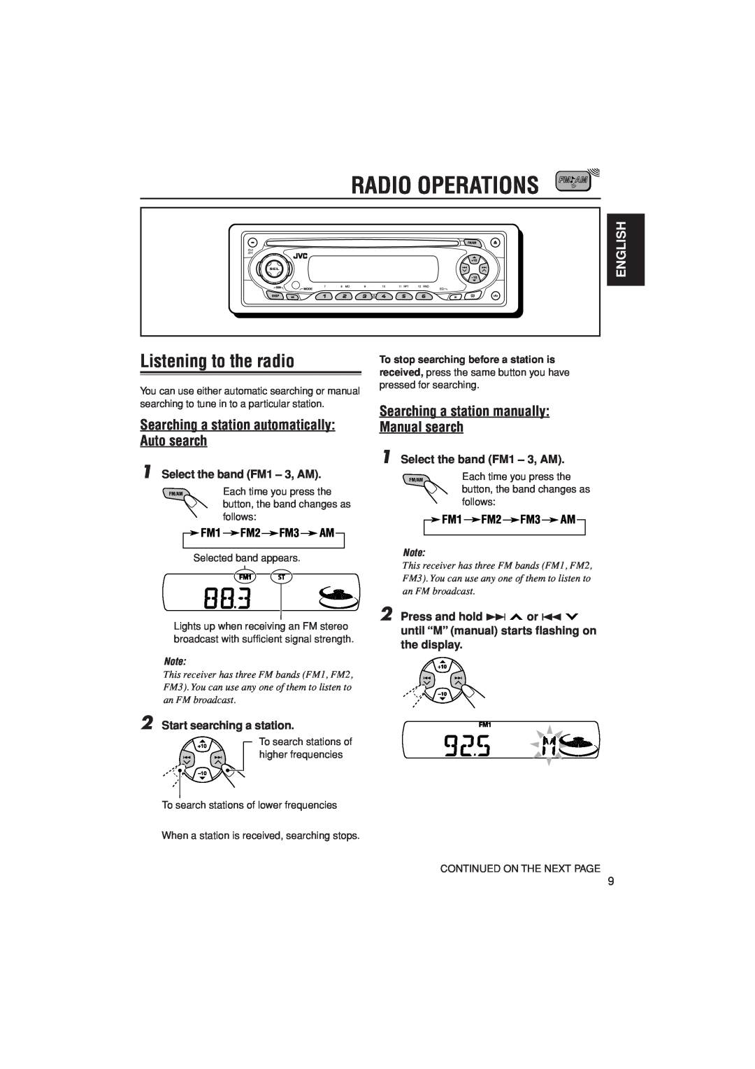 JVC KD-S20 manual Radio Operations, Listening to the radio, Searching a station automatically Auto search, English 