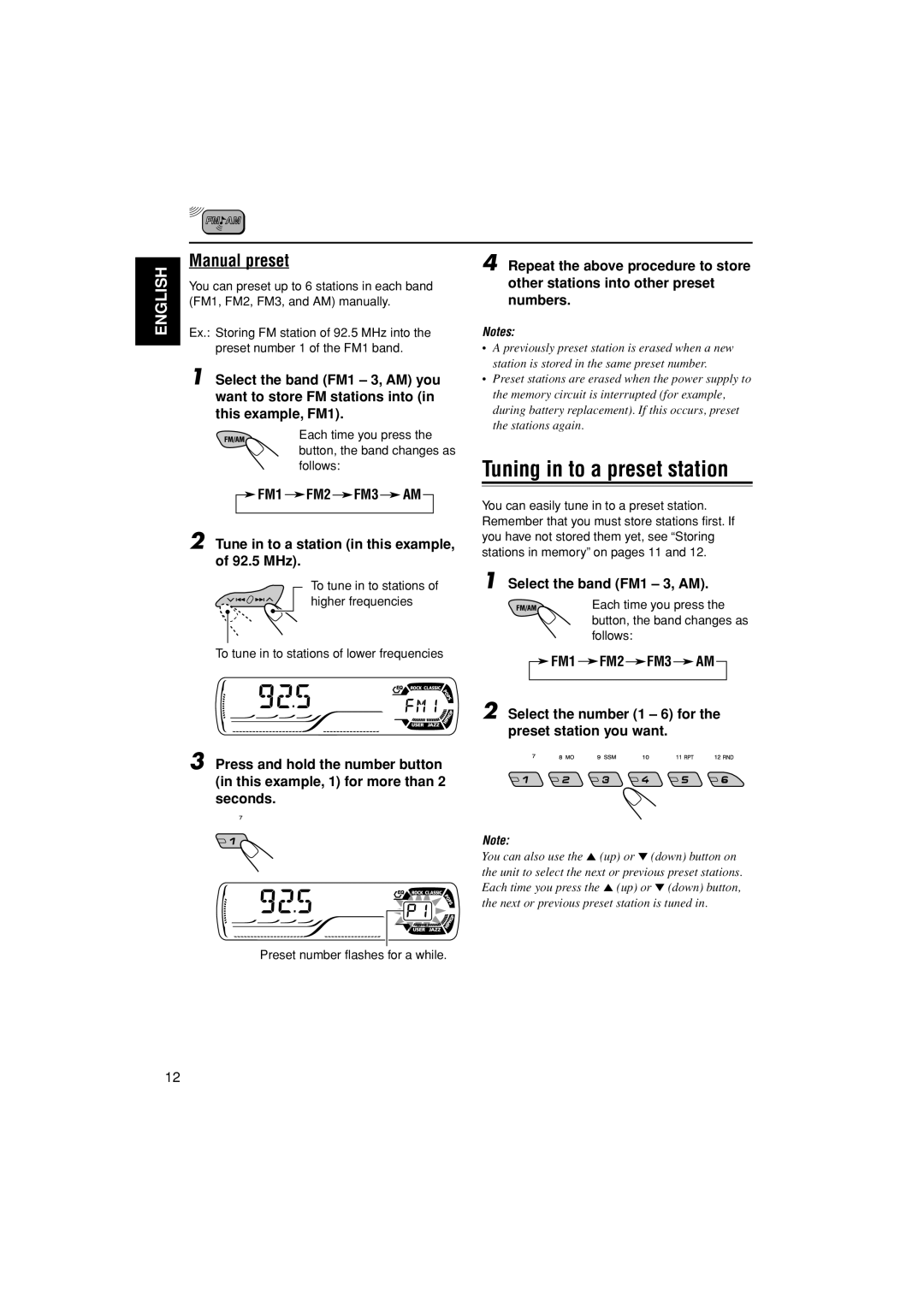 JVC KD-S30 manual Tuning in to a preset station, Manual preset, Select the band FM1 3, AM 