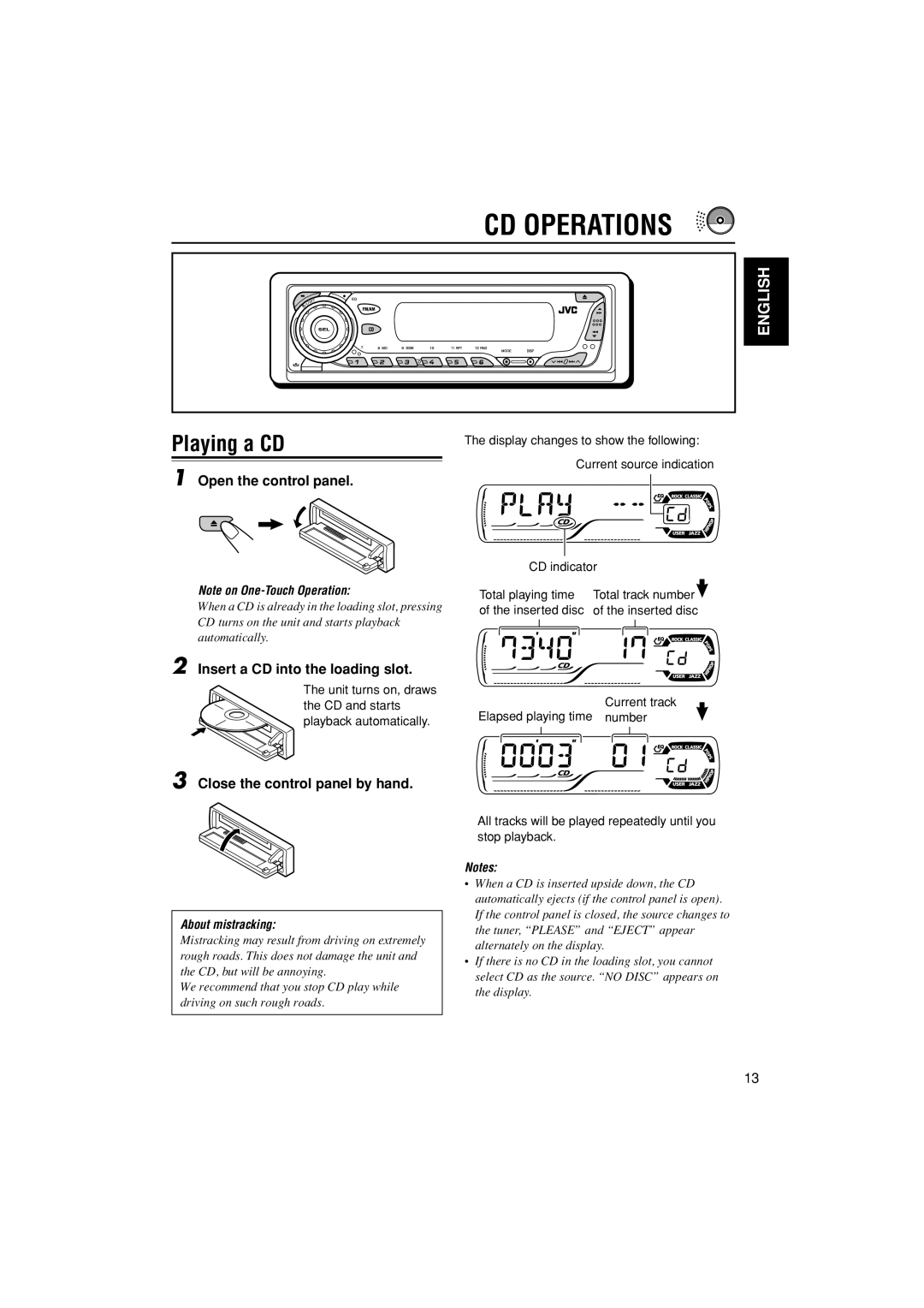 JVC KD-S30 manual CD Operations, Playing a CD, Open the control panel, Insert a CD into the loading slot 