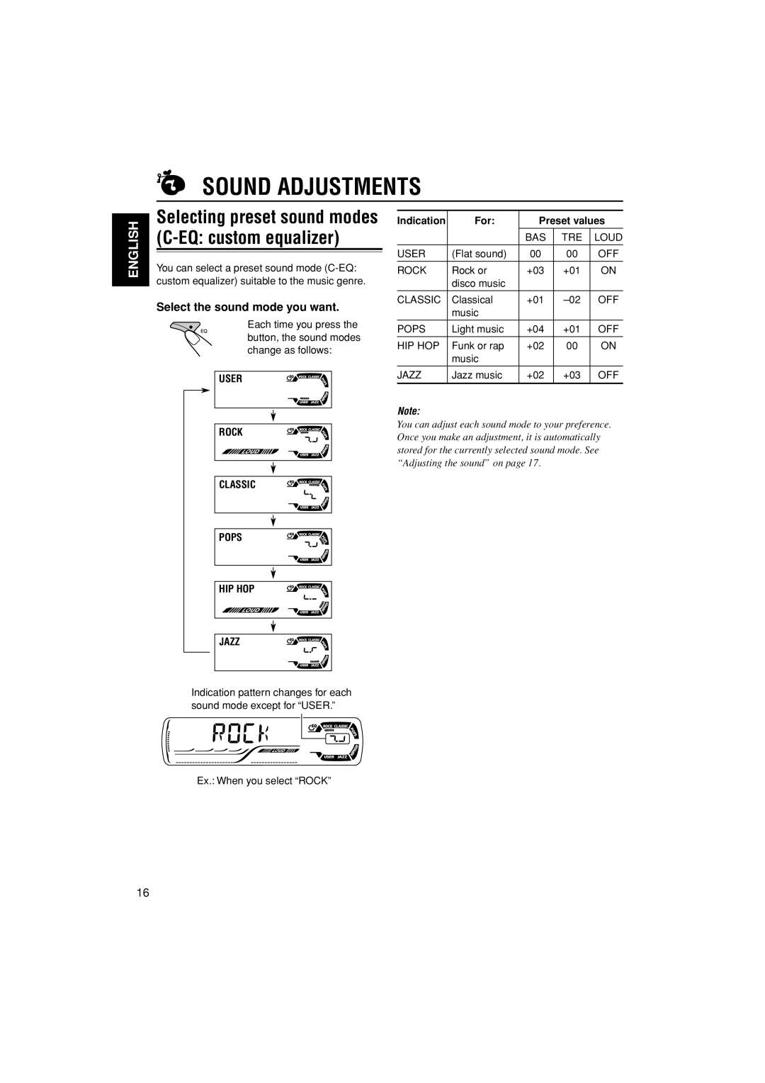 JVC KD-S30 manual Sound Adjustments, Selecting preset sound modes C-EQ custom equalizer, Select the sound mode you want 