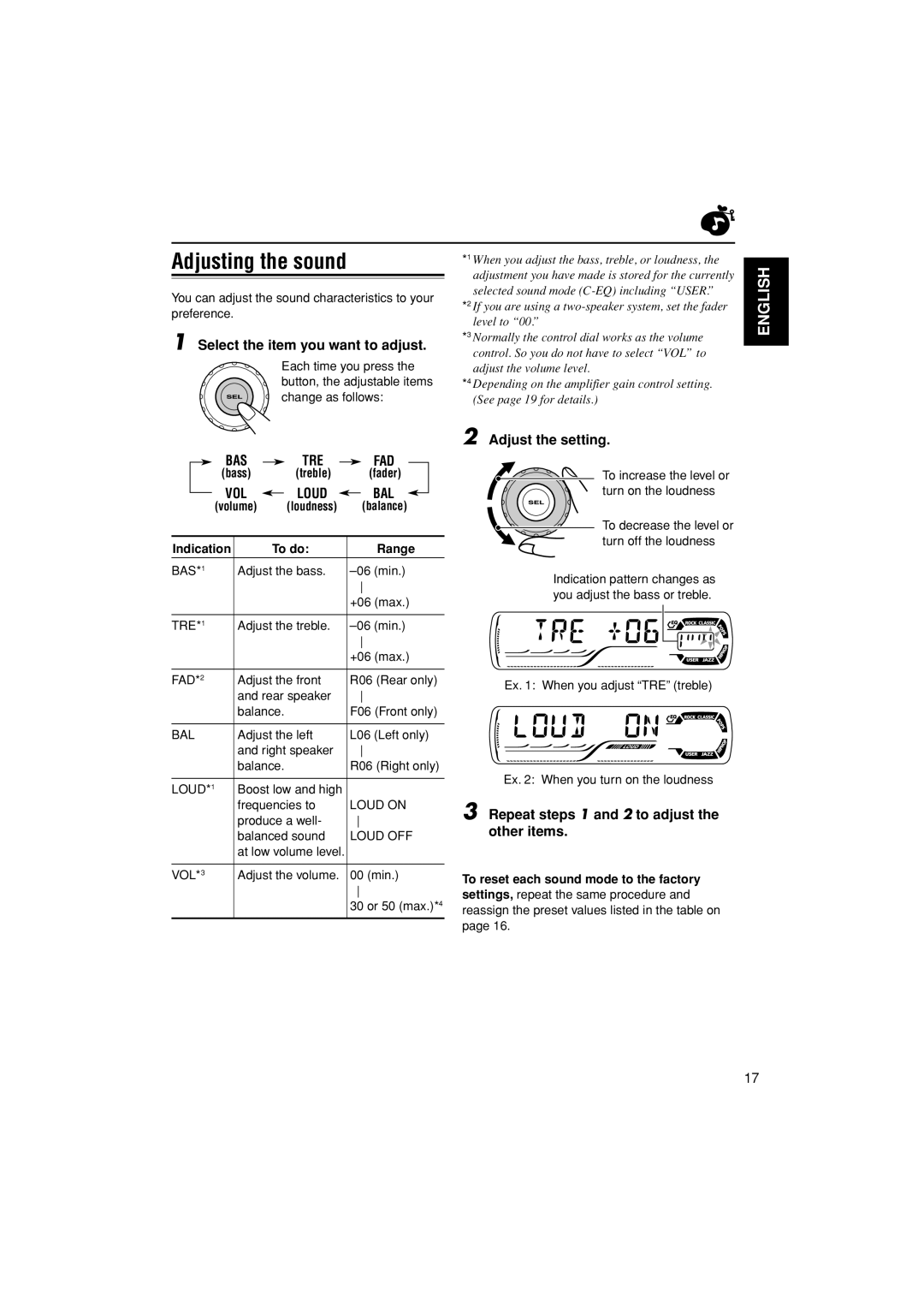 JVC KD-S30 manual Adjusting the sound, Select the item you want to adjust, Adjust the setting 