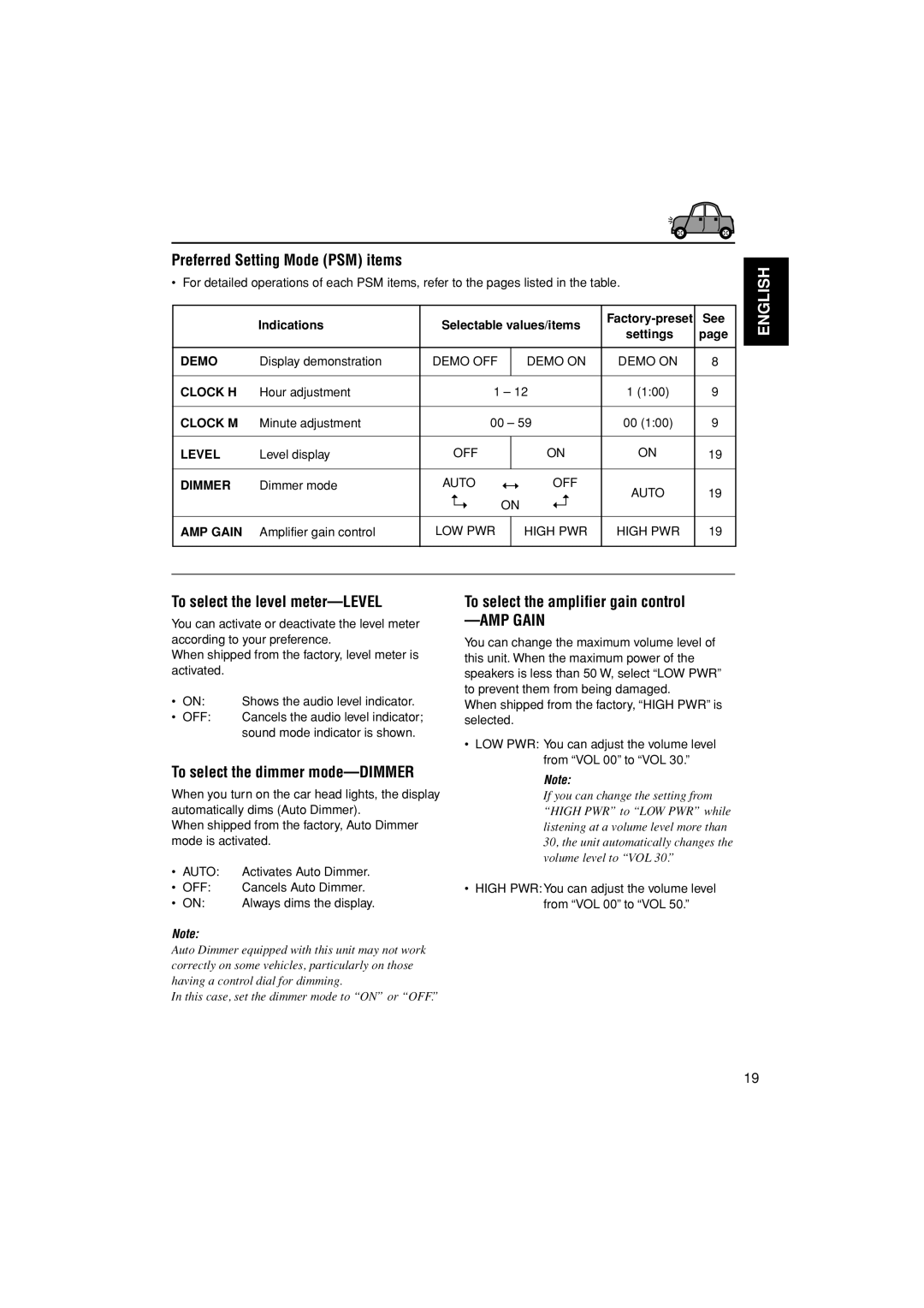 JVC KD-S30 manual Preferred Setting Mode PSM items, To select the level meter-LEVEL, To select the dimmer mode-DIMMER 