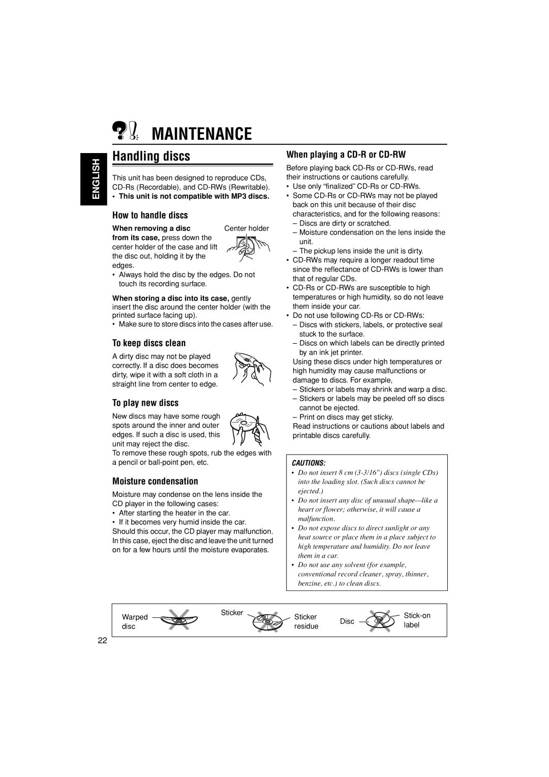 JVC KD-S30 manual Maintenance, Handling discs 