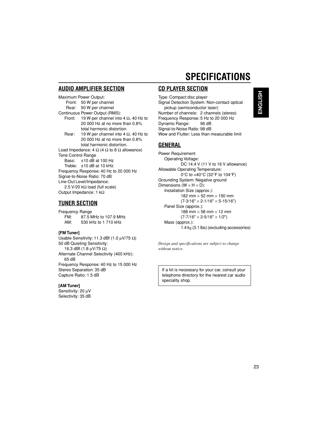 JVC KD-S30 manual Specifications, FM Tuner, AM Tuner 