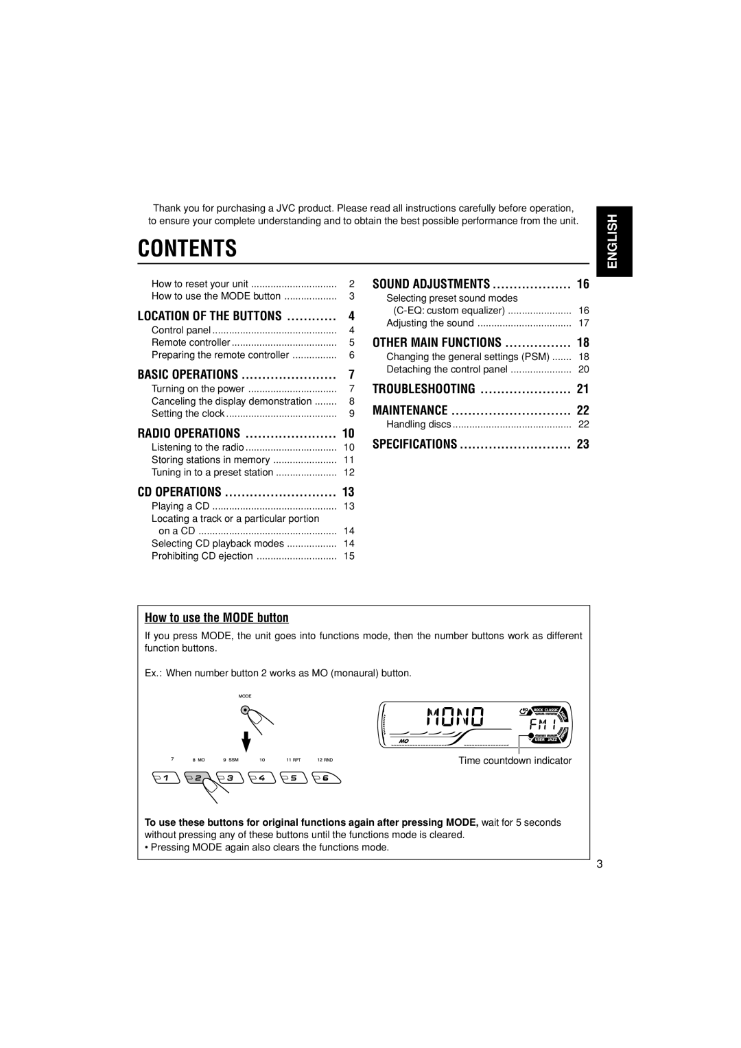 JVC KD-S30 manual Contents 