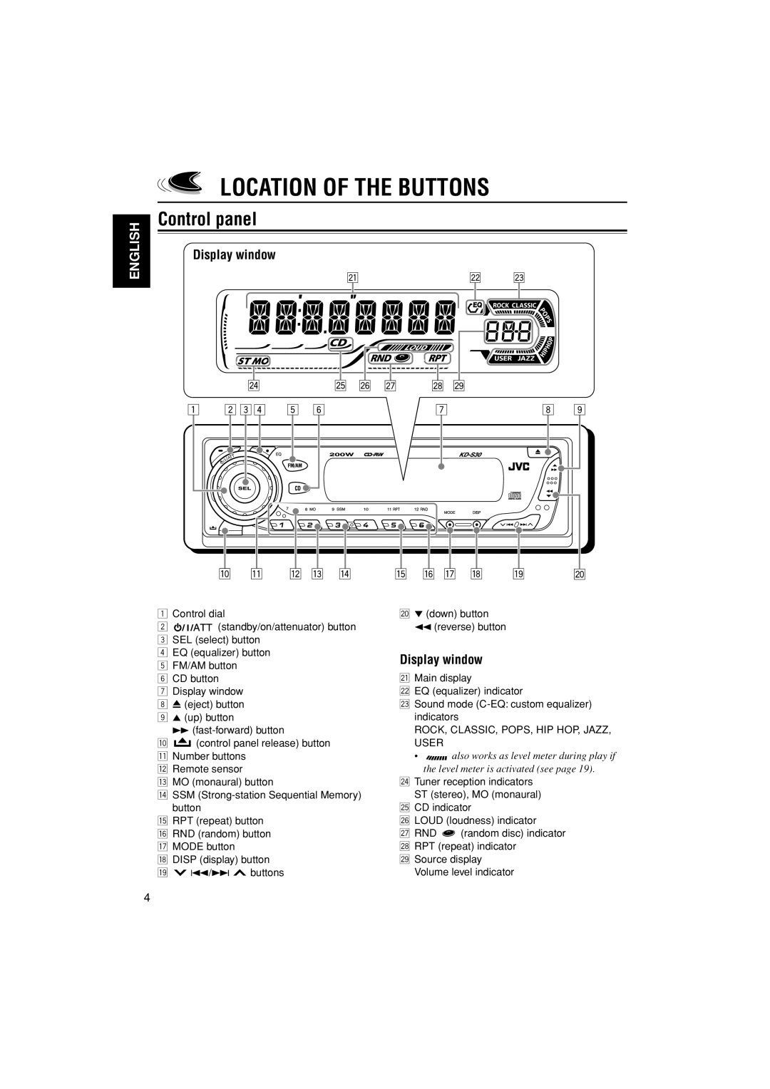 JVC KD-S30 manual Location of the Buttons, Control panel, Display window 