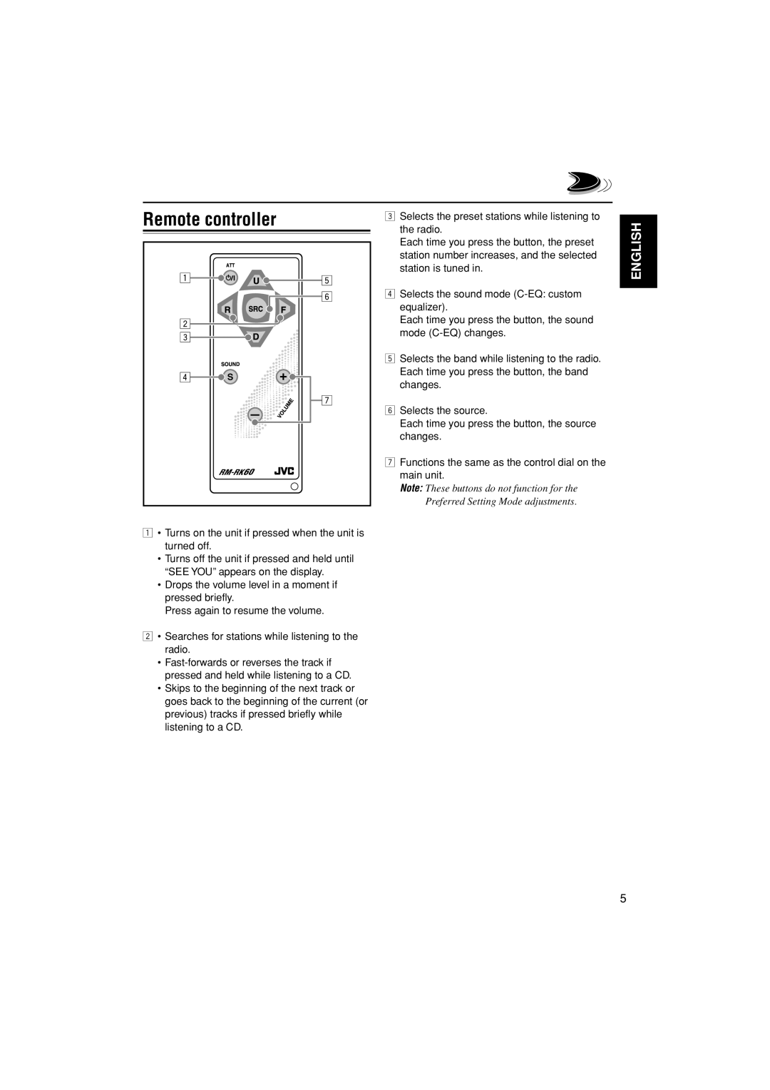 JVC KD-S30 manual Remote controller 