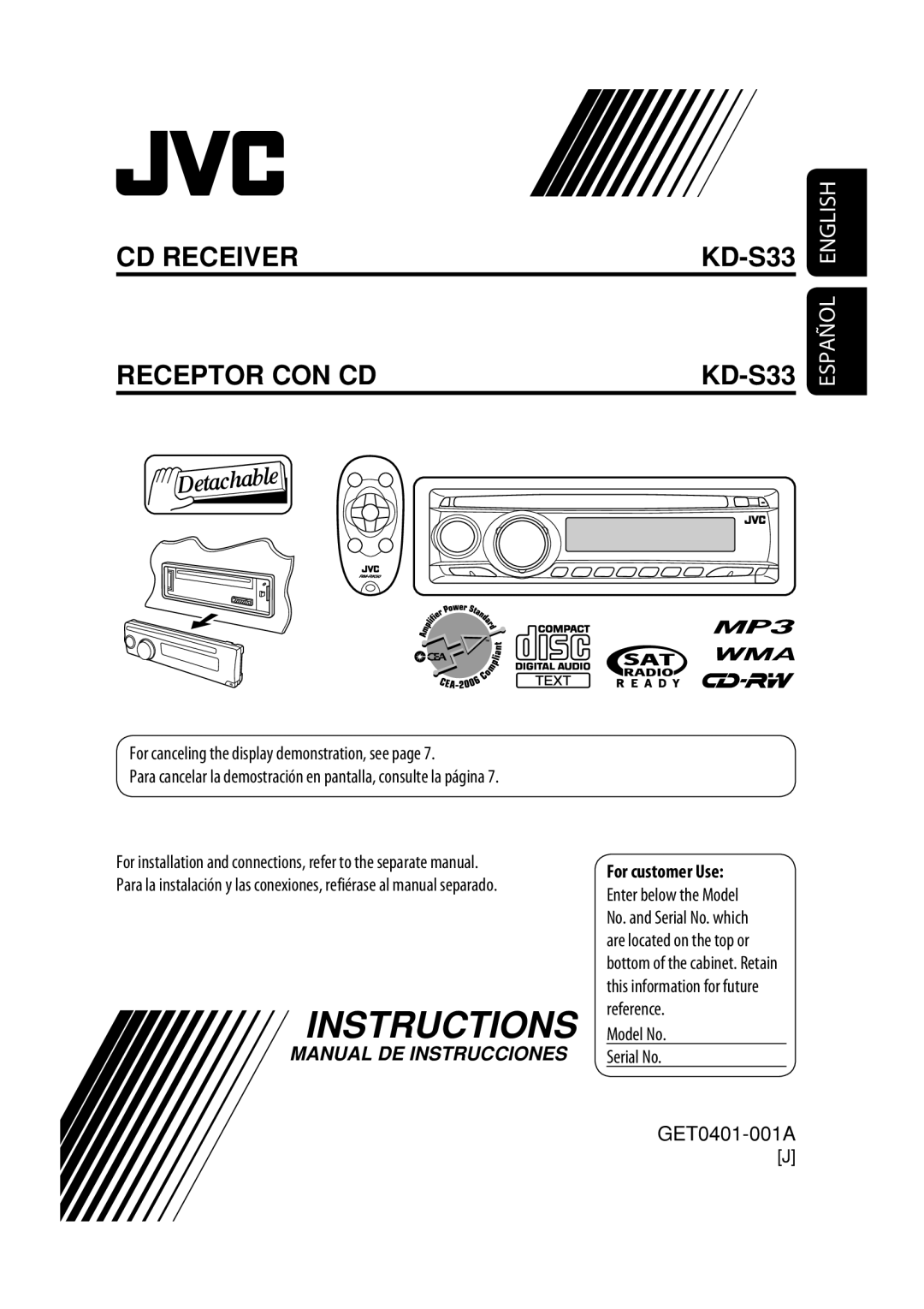 JVC KD-S33 manual Español English, For customer Use, GET0401-001A, Instructions, Cd Receiver Receptor Con Cd 