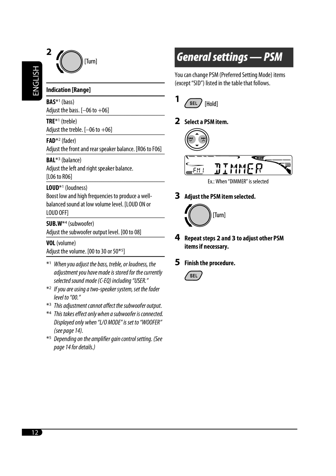 JVC KD-S33 manual Indication Range, 2Select a PSM item, 3Adjust the PSM item selected, 5Finish the procedure, English 