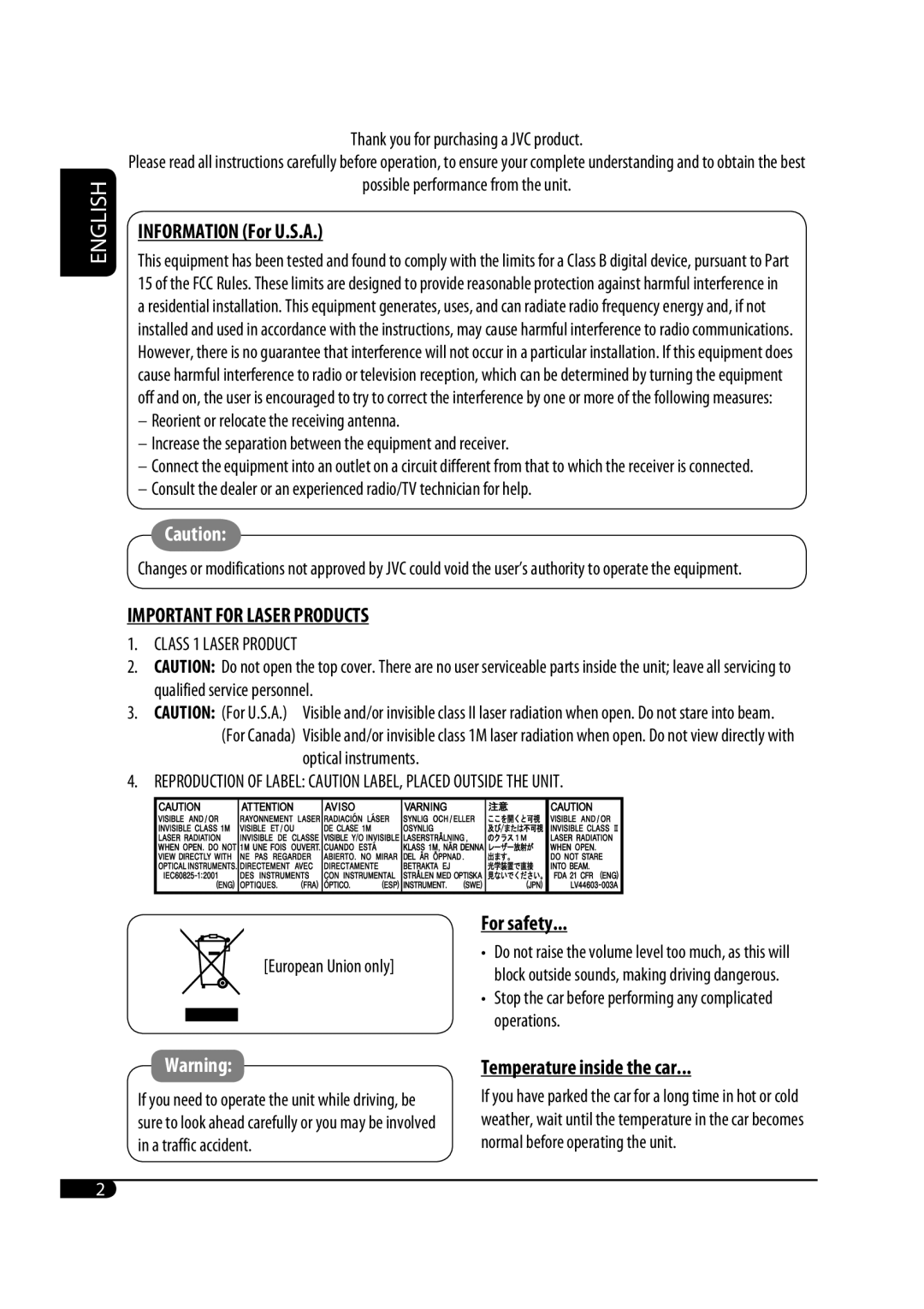 JVC KD-S33 manual English, INFORMATION For U.S.A, Important For Laser Products, For safety, Temperature inside the car 