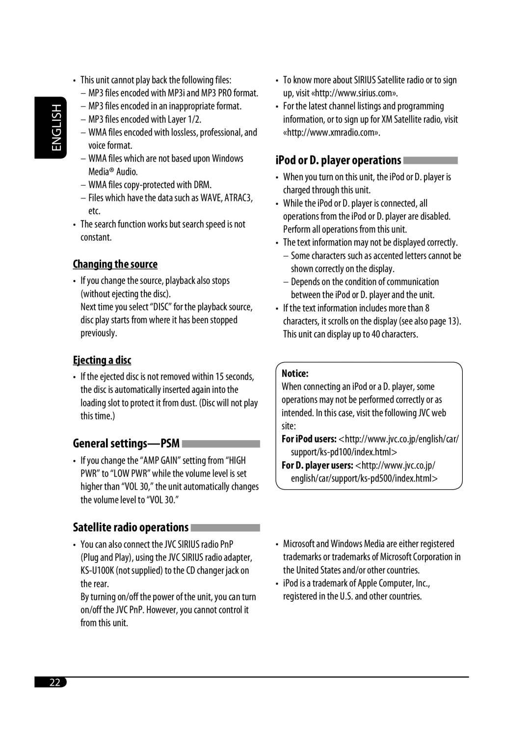 JVC KD-S33 manual Changing the source, Ejecting a disc, iPod or D. player operations, General settings—PSM, Notice, English 