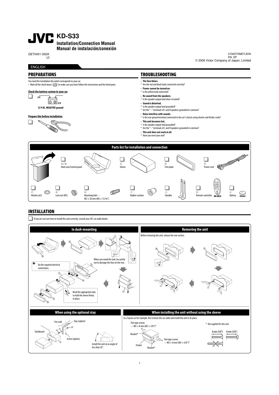 JVC KD-S33 manual Preparations, Troubleshooting, Installation, Parts list for installation and connection, In dash-mounting 