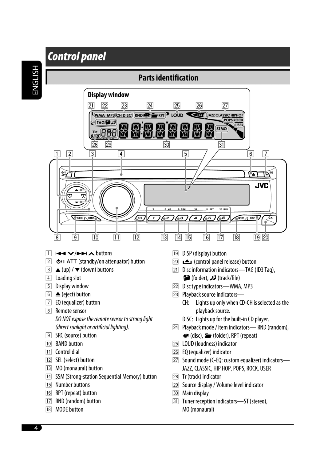 JVC KD-S33 manual Control panel, Parts identification, Display window, English, aDisc information indicators—TAGID3 Tag 
