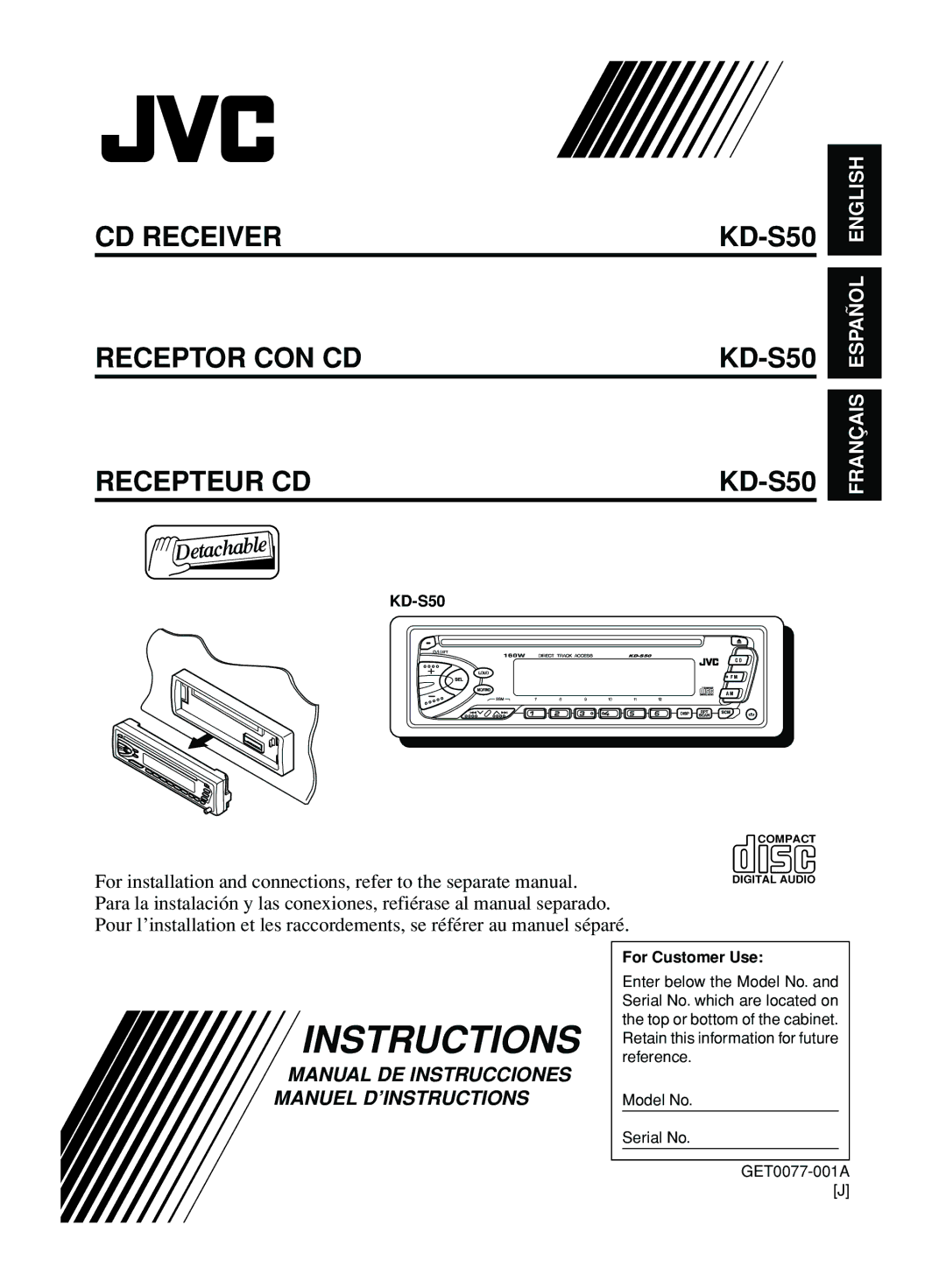 JVC KD-S50 manual For Customer Use 