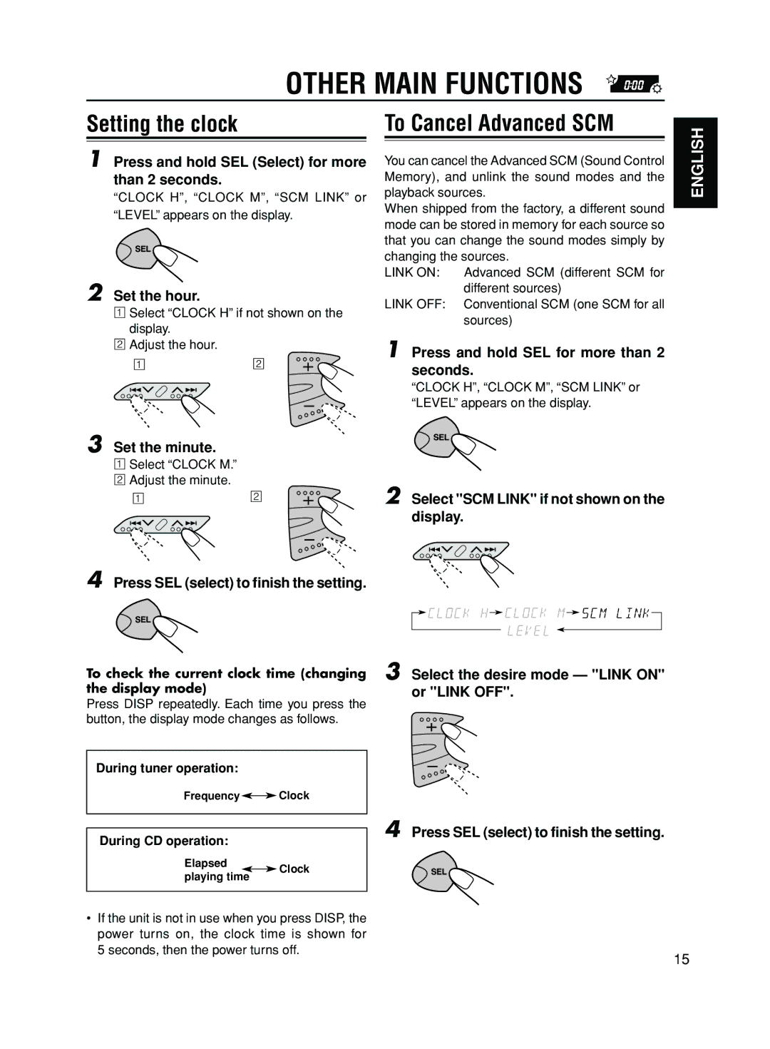 JVC KD-S50 manual Other Main Functions, Setting the clock, To Cancel Advanced SCM 