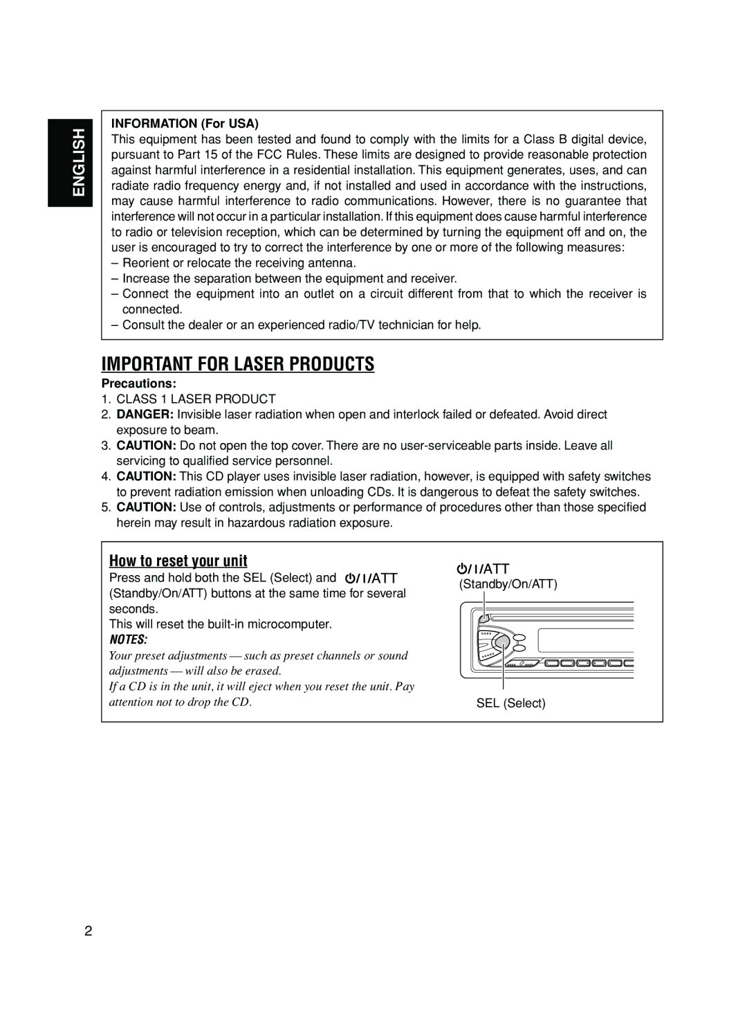 JVC KD-S50 manual How to reset your unit, Information For USA, Precautions, Standby/On/ATT SEL Select 