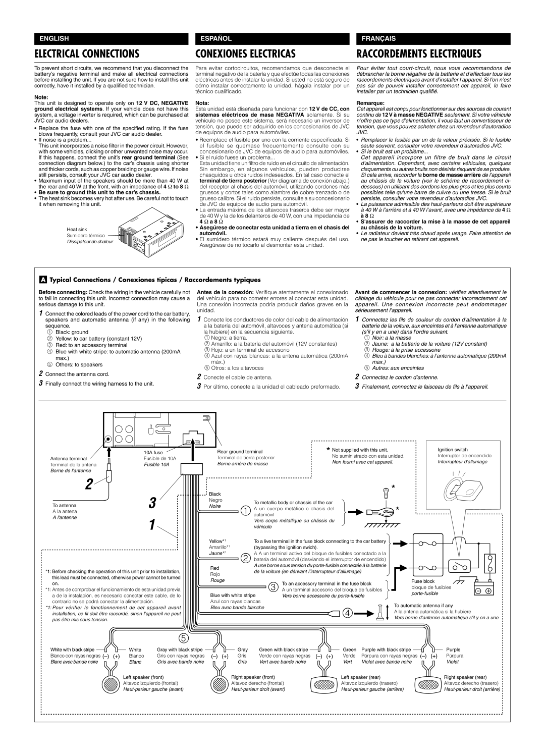 JVC KD-S50 manual Be sure to ground this unit to the car’s chassis, Nota 