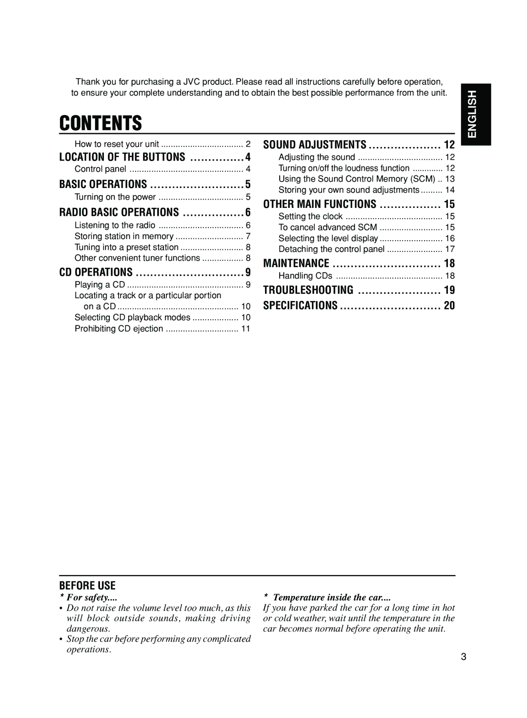 JVC KD-S50 manual Contents 