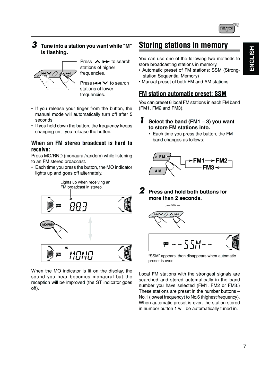 JVC KD-S50 manual Storing stations in memory, When an FM stereo broadcast is hard to receive 