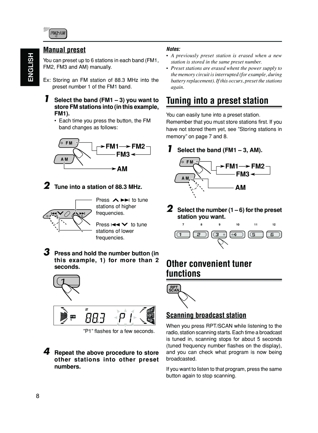 JVC KD-S50 manual Tuning into a preset station, Other convenient tuner functions, FM1 FM2 FM3, Select the band FM1 3, AM 