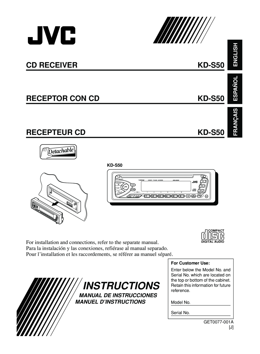 JVC manual Cd Receiver Receptor Con Cd Recepteur Cd, KD-S50 KD-S50 KD-S50, Français Español English, Instructions 