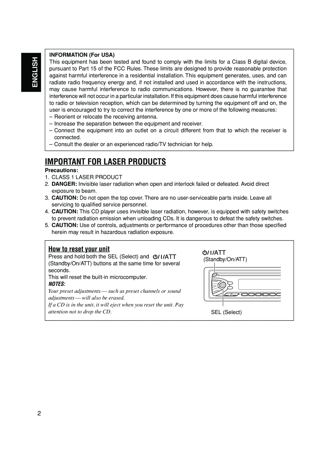 JVC KD-S50 manual Important For Laser Products, English, How to reset your unit, INFORMATION For USA, Precautions 