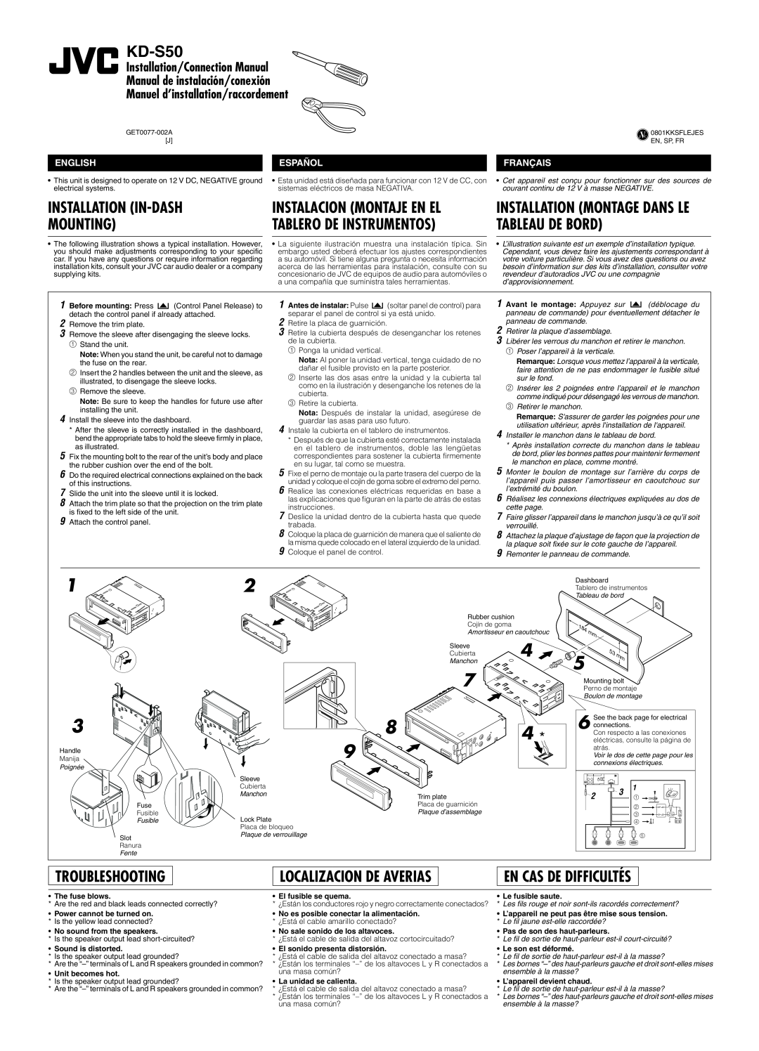 JVC KD-S50 manual Installation In-Dash Mounting, Troubleshooting, Localizacion De Averias, En Cas De Difficultés, English 
