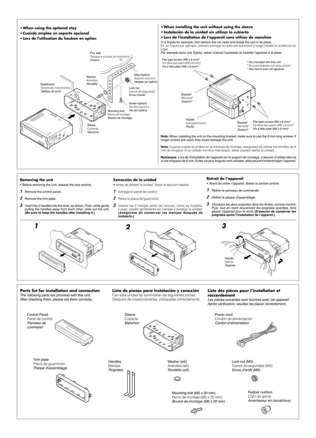 JVC KD-S50 manual Parts list for installation and connection, Lista de piezas para instalación y conexión, raccordement 