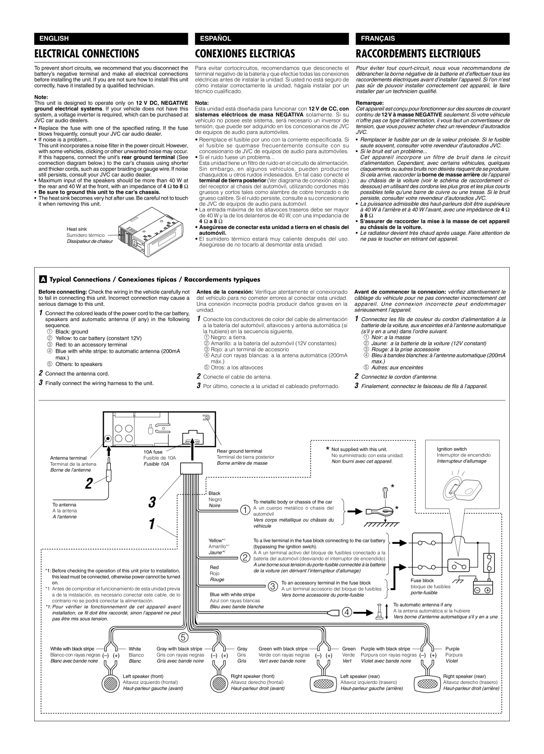 JVC KD-S50 manual Electrical Connections, Conexiones Electricas, English, Español, Nota, à8 Ω 