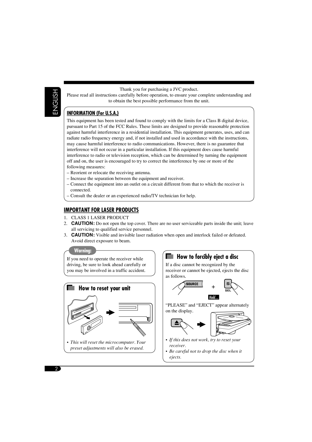 JVC KD-S51 manual How to forcibly eject a disc, How to reset your unit, Information For U.S.A 