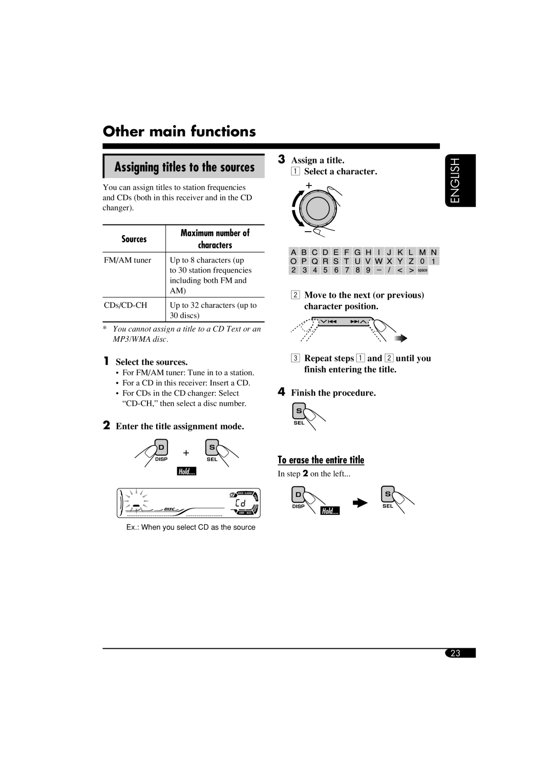 JVC KD-S51 manual Other main functions, Assigning titles to the sources, To erase the entire title, Sources, Characters 