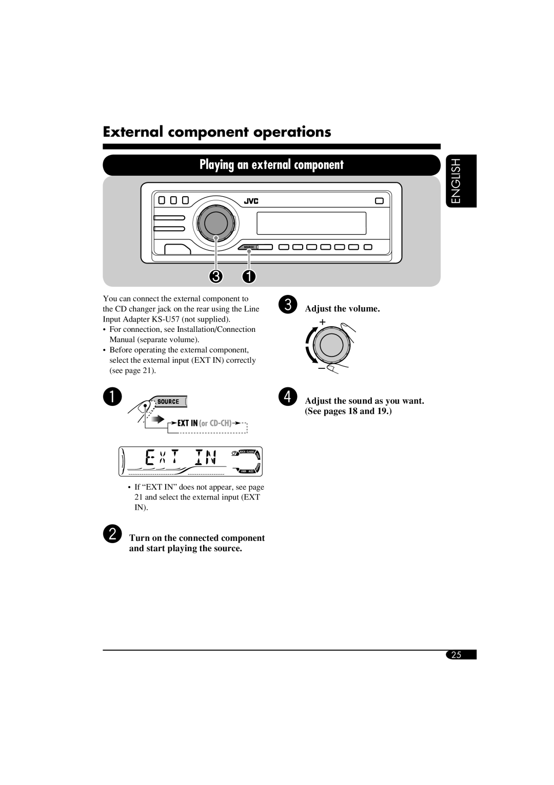 JVC KD-S51 manual External component operations, Playing an external component 