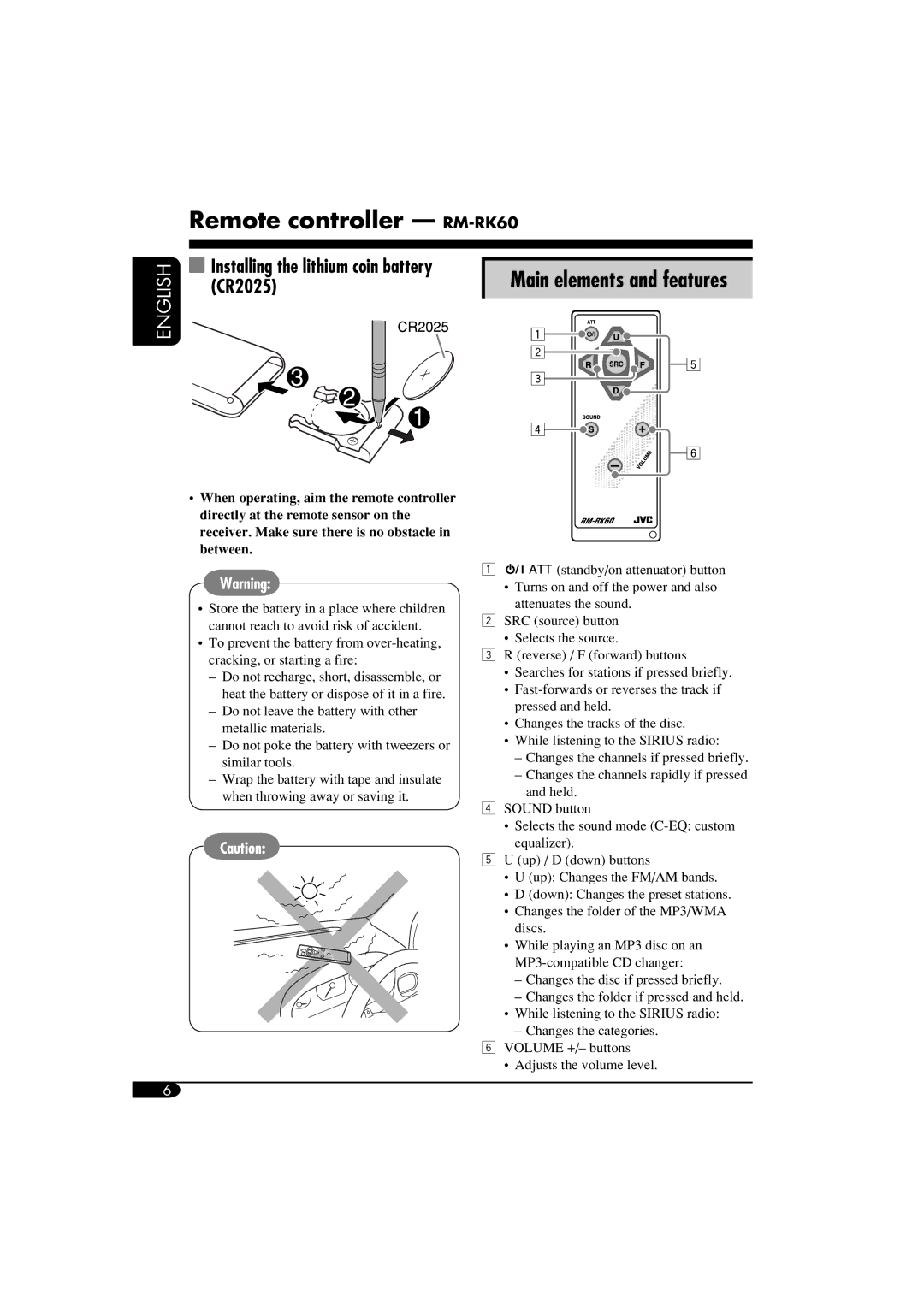 JVC KD-S51 manual Remote controller RM-RK60, Installing the lithium coin battery, CR2025, Main elements and features 