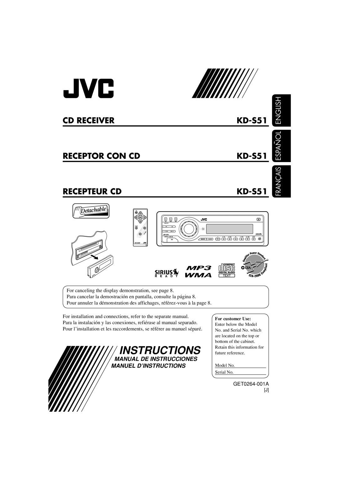 JVC manual Cd Receiver Receptor Con Cd Recepteur Cd, KD-S51 KD-S51 KD-S51, Français Español English, Instructions 
