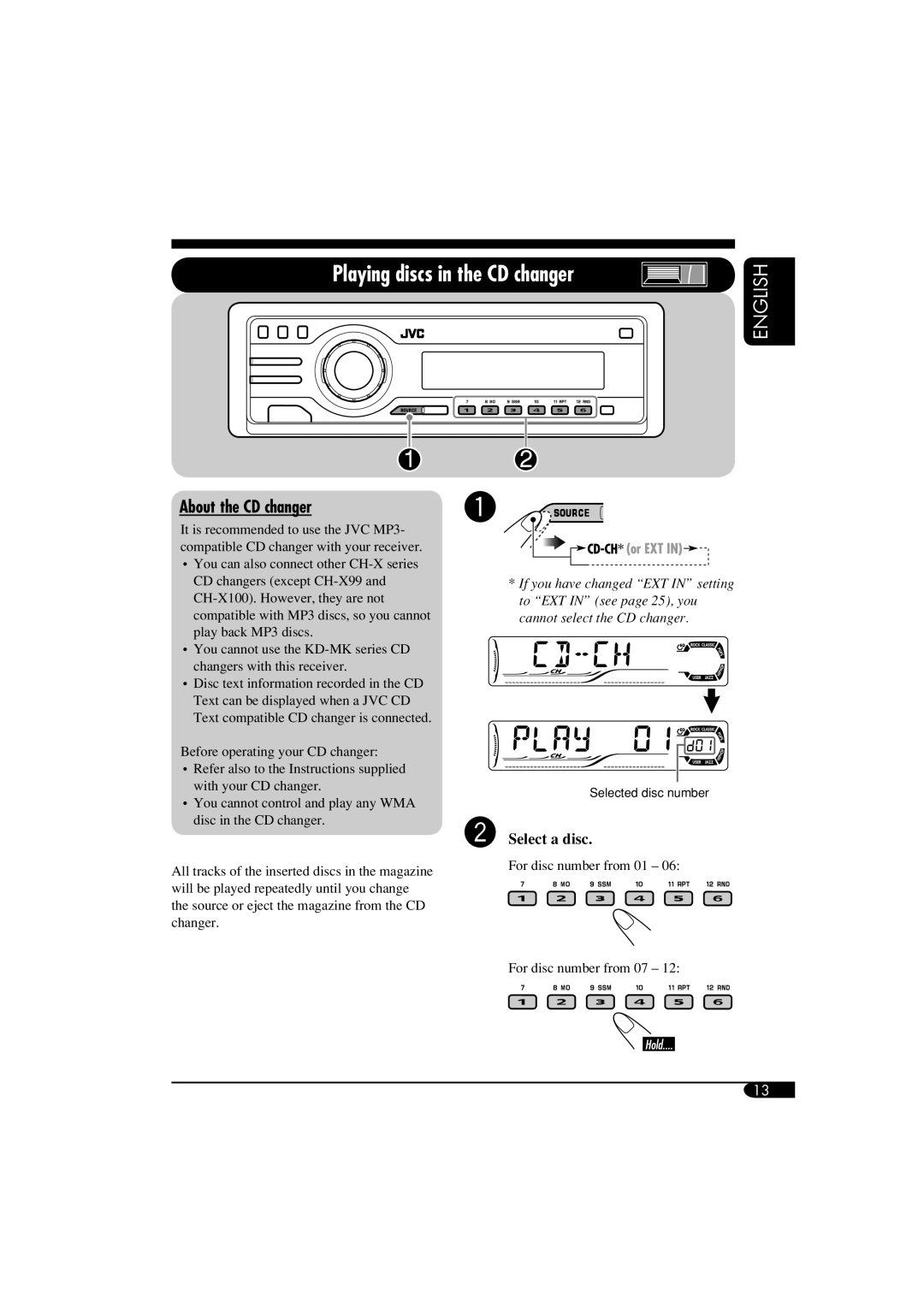 JVC KD-S51 manual Playing discs in the CD changer, About the CD changer, English, ŸSelect a disc 