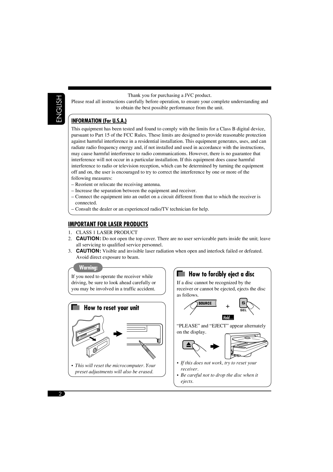 JVC KD-S51 manual English, How to forcibly eject a disc, How to reset your unit, Important For Laser Products 