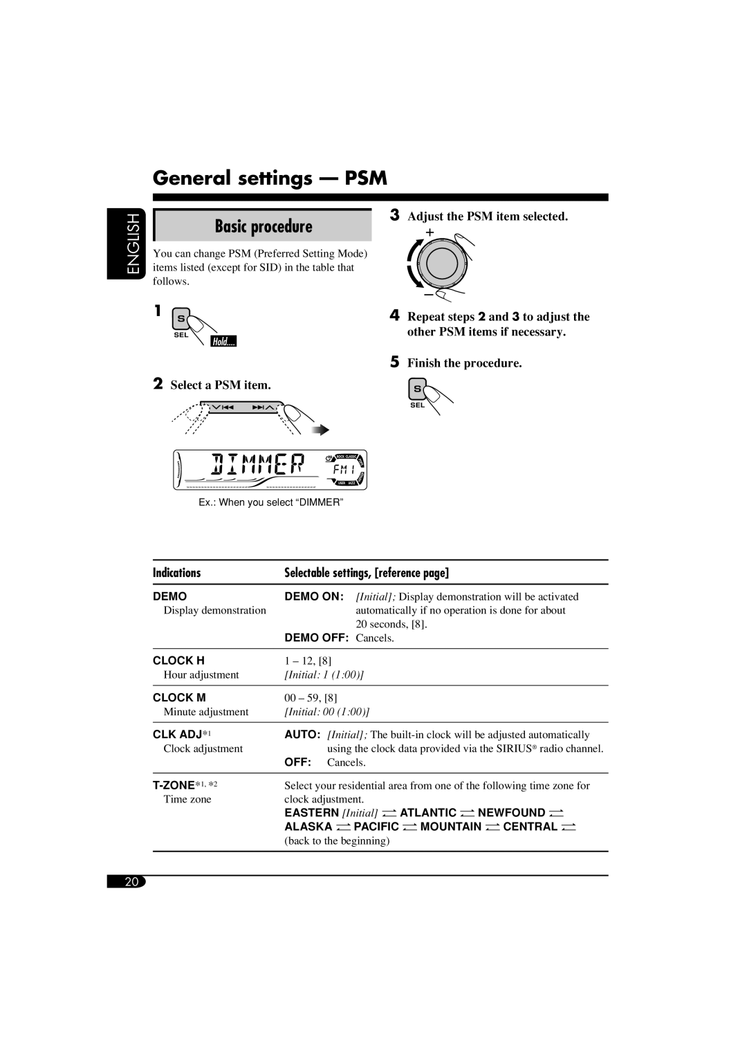 JVC KD-S51 manual General settings - PSM, Basic procedure, English, 2Select a PSM item, 3Adjust the PSM item selected, Demo 