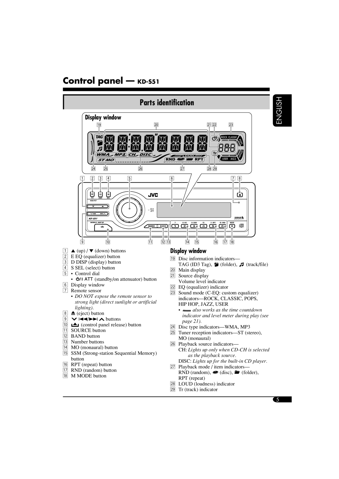JVC manual Control panel - KD-S51, Parts identification, Display window, English 
