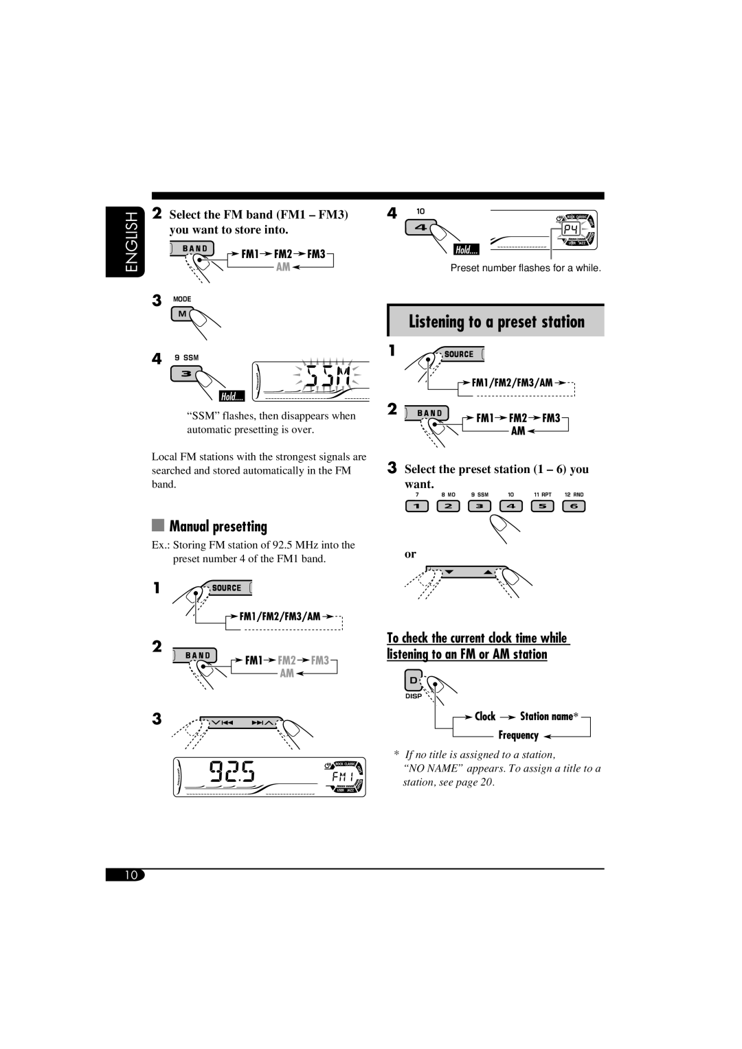 JVC KD-S52 Manual presetting, Select the FM band FM1 FM3, You want to store into, Select the preset station 1 6 you Want 